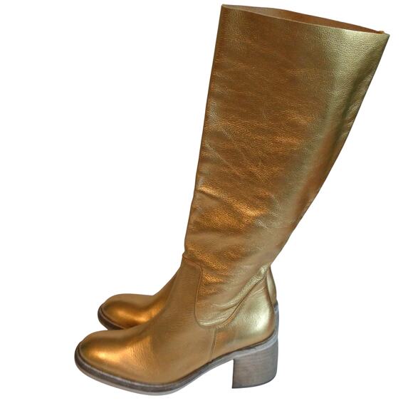 Free People Metallic Gold Essential Tall Slouch Leather Boot Spain Women 9 - Picture 2 of 14